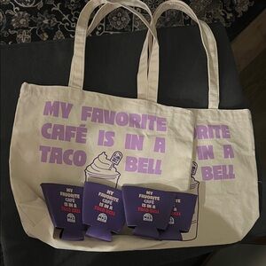 Two Taco Bell Tote bags and 4 Cozzies